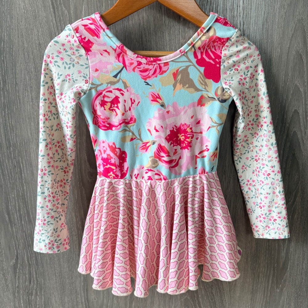 Cheeky Plum Leotard Dress Girls 2T Pink Blue Floral Long Sleeve Dancewear Boho